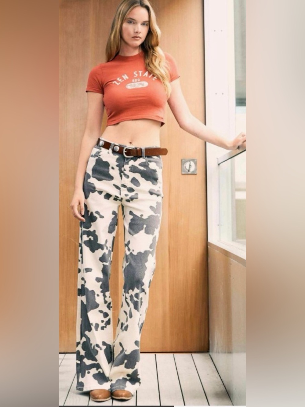 Vibrant Cow Print Wide-Leg Pants - White & Brown - Picture 4 of 4